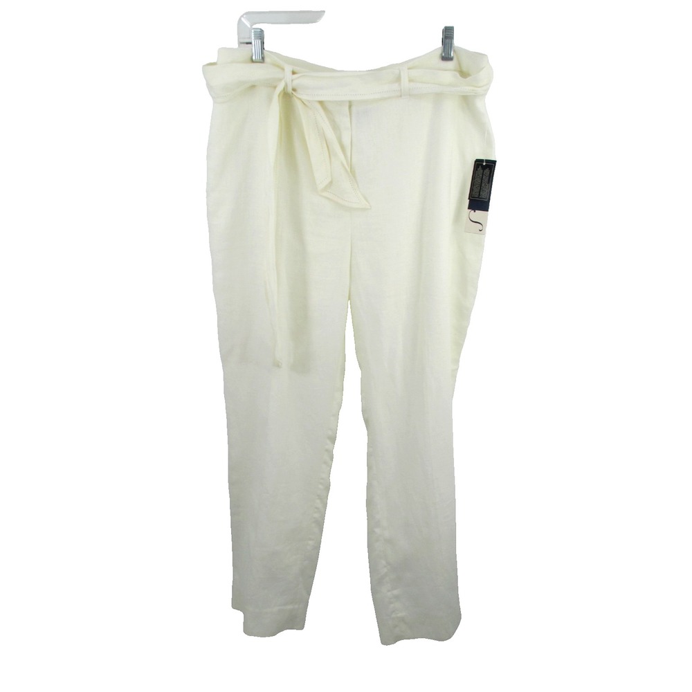 NWT Jones New York Women 14 White 100% Linen Belted Straight Leg Pants Casual